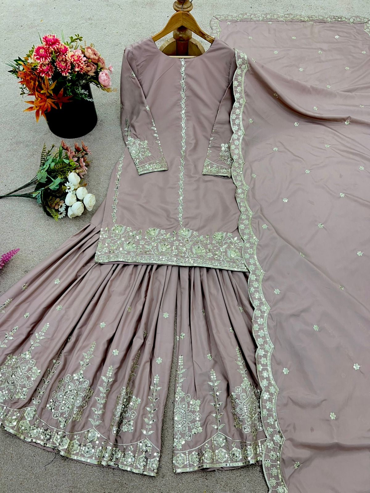 Natural crepe silk Top-Sharara & Dupatta with embroidery sequins work