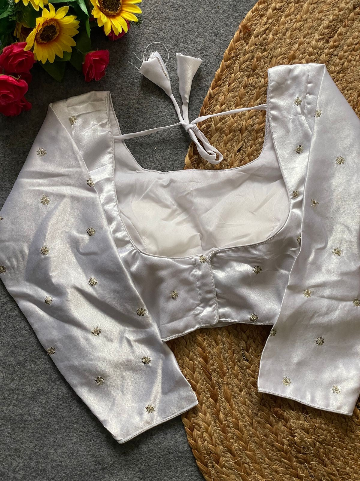 Readymade satin blouse - white, Gold, Red, Orange, Fuchsia Colors